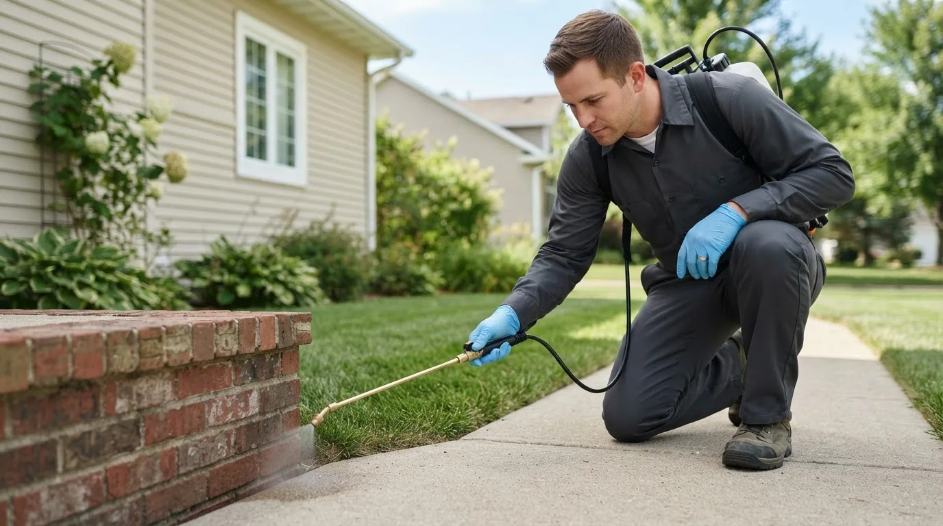 Pest control technician treating a home near Pritchett, CO